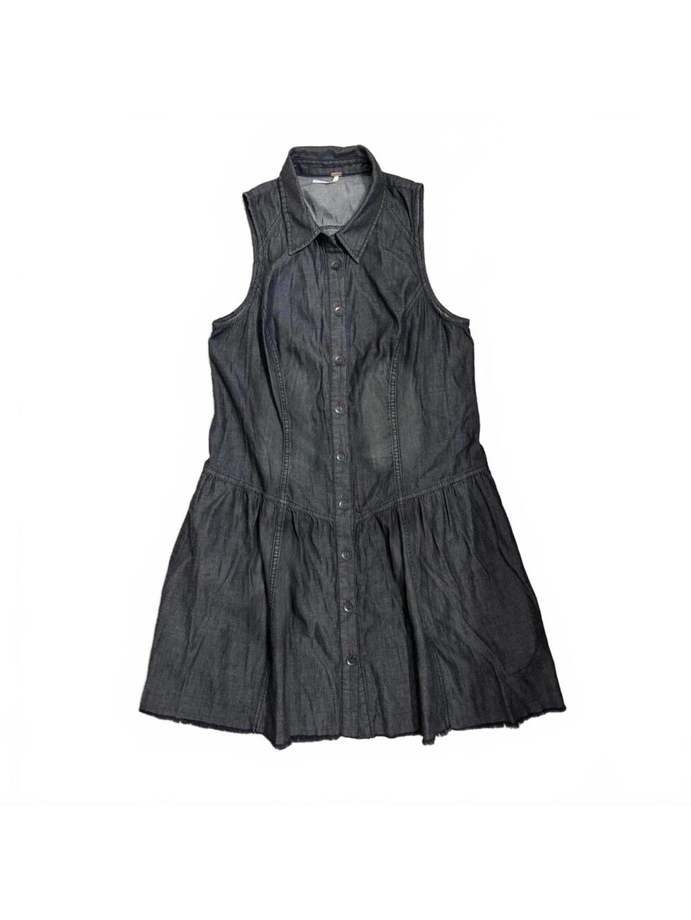 Free People Black Wash Denim Distressed Mini Sleeveless Button Up Dress Medium - Picture 2 of 8